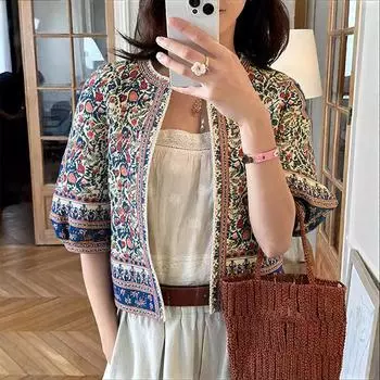 ZANZEA Women Casual Round Neck Loose Half Sleeve Print Cardigan Blouse S