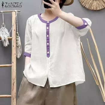 ZANZEA Women Casual Round Neck Loose Half Sleeve Blouse S серый