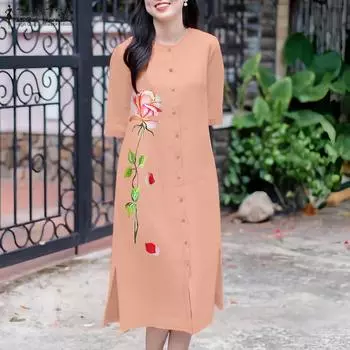 ZANZEA Women Casual Round Neck Loose Half Sleeve Floral Print Dress 3XL розовый