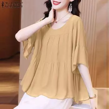ZANZEA Women Casual Round Neck Loose Half Sleeve Blouse S тёмно-синий