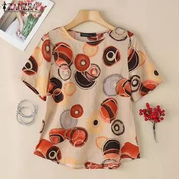 ZANZEA Women Casual Round Neck Loose Half Sleeve Print Blouse S розовый
