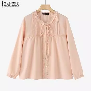 ZANZEA Women Casual Round Neck Loose Long Sleeve Patchwork Blouse S бежевый