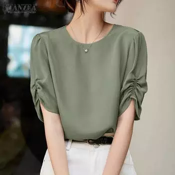 ZANZEA Женская повседневная летняя блузка с круглым вырезом и коротким рукавом S зелёный