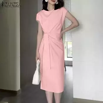 ZANZEA Women Casual Round Neck Loose Summer Sleeveless Dress S бежевый