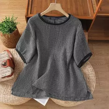 ZANZEA Women Casual Round Neck Plaid Print Short Sleeve Blouse S