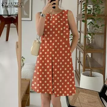 ZANZEA Women Casual Round Neck Polka Dot Print Sleeveless Dress S зелёный