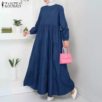 ZANZEA Женское повседневное платье с круглым вырезом в стиле ретро, свободного кроя, с длинным рукавом 3XL темно-синий
