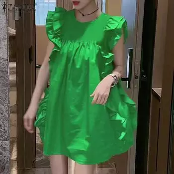 ZANZEA Women Casual Round Neck Ruffle Sleeveless Solid Color Loose Dress