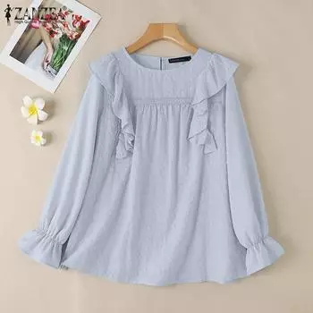 ZANZEA Women Casual Round Neck Ruffles Long Sleeve Blouse S белый