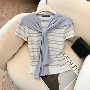 ZANZEA Women Casual Round Neck Short Sleeve Patchwork Stripe T-Shirt S светло-синий