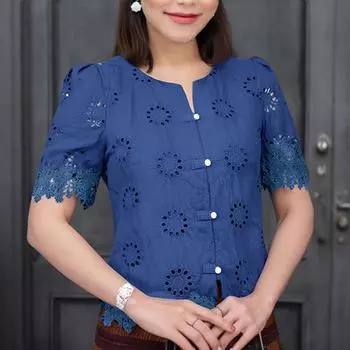 ZANZEA Women Casual Round Neck Short Sleeve Lace Crochet Patchwork Blouse S