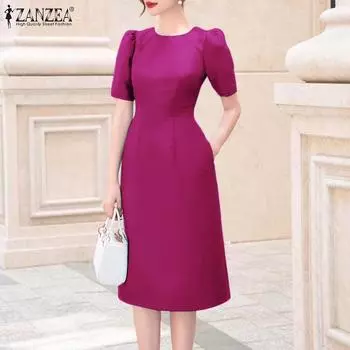 ZANZEA Women Casual Round Neck Short Sleeve Summer Slim Dress 3XL синий