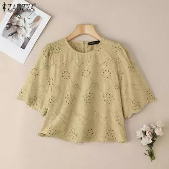 ZANZEA Women Casual Round Neck Short Sleeve Lace Embroidery Summer Blouse S