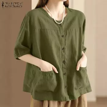 ZANZEA Women Casual Round Neck Short Sleeve Patchwork Pockets Blouse S розовый