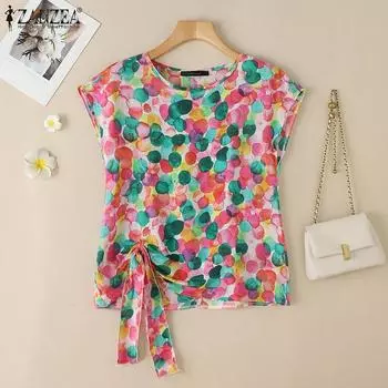 ZANZEA Women Casual Round Neck Short Sleeve Loose Print Blouse M жёлтый