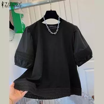 ZANZEA Women Casual Round Neck Short Sleeve Loose Patchwork Blouse S чёрный
