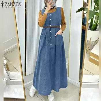 ZANZEA Женское повседневное платье без рукавов из синего денима с круглым вырезом S чёрный