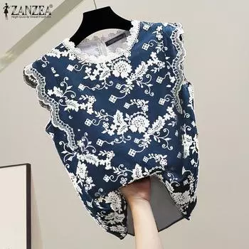 ZANZEA Женские повседневные майки с круглым вырезом и без рукавов с кружевным принтом S розовый