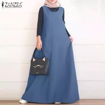 ZANZEA Women Casual Round Neck Sleeveless Long Dress S синий