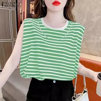 ZANZEA Women Casual Round Neck Sleeveless Striped Loose Shoulder Pad Tanks