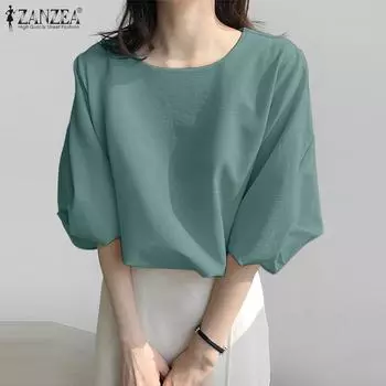 ZANZEA Women Casual Round Neck Solid Color Half Sleeve Blouse