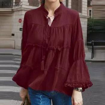 ZANZEA Женская повседневная однотонная свободная блузка с круглым вырезом и рукавами-фонариками 3XL