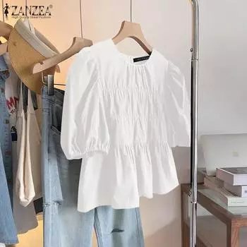 ZANZEA Women Casual Round Neck Solid Color Loose Short Sleeve Blouse M чёрный