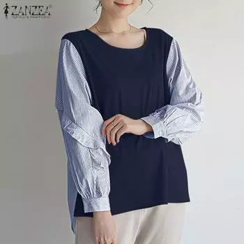 ZANZEA Women Casual Round Neck Stripe Patchwork Long Sleeve Blouse S белый