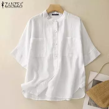 ZANZEA Женская повседневная летняя блузка с круглым вырезом и коротким рукавом S белый
