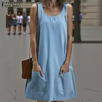 ZANZEA Women Casual Round Neck Summer Loose Sleeveless Short Dress XL розовый