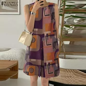 ZANZEA Women Casual Round Neck Summer Print Sleeveless Dress S зелёный
