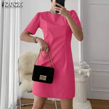 ZANZEA Women Casual Round Neck Summer Short Sleeve Dress S хаки