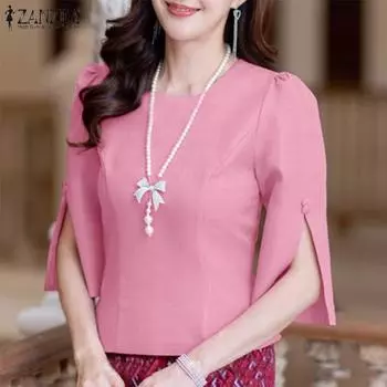 ZANZEA Женская повседневная блузка с круглым вырезом, летняя, с коротким рукавом, однотонная 4XL розовый