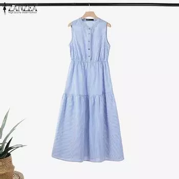 ZANZEA Women Casual Round Neck Summer Sleeveless Stripe Dress 3XL синий