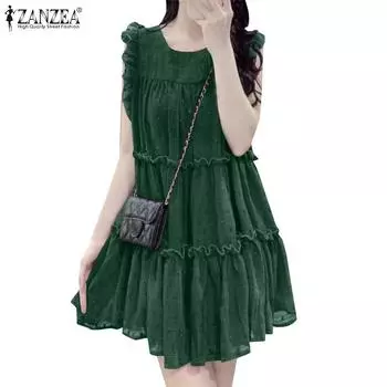 ZANZEA Women Casual Round Neck Summer Sleeveless Short Dress S вино красного