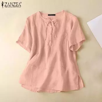 ZANZEA Women Casual Round Neck Tie Short Sleeve Solid Color Blouses S зелёный