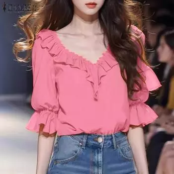 ZANZEA Women Casual Ruffled V-Neck Half Sleeve Solid Color Blouse 4XL зелёный