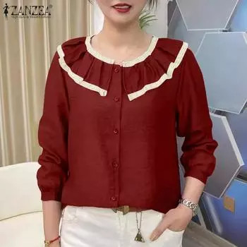 ZANZEA Women Casual Ruffles Round Neck Long Sleeve Blouse S чёрный
