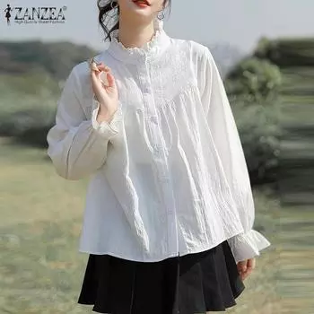 ZANZEA Women Casual Ruffles Stand Collar Long Sleeve Blouse S белый