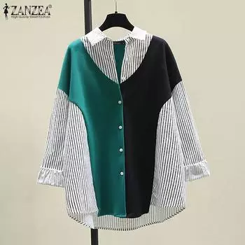 ZANZEA Женская повседневная рубашка с воротником и длинным рукавом в полоску контрастного цвета M оранжевый