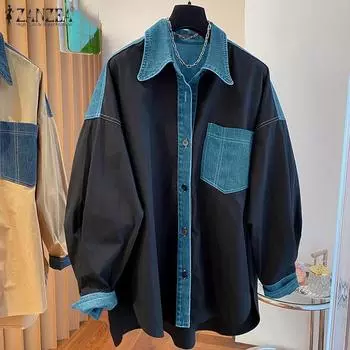 ZANZEA Women Casual Shirt Collar Long Sleeve Contrast Shirts S хаки