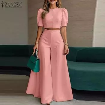 ZANZEA Женская повседневная блузка с коротким рукавом и широкие брюки, летний комплект из двух предметов S чёрный