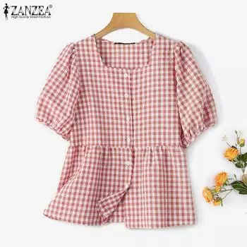 ZANZEA Women Casual Square Collar Grid Print Summer Half Sleeve Blouse