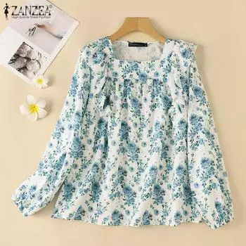 ZANZEA Women Casual Square Collar Long Sleeve Loose Floral Blouse S синий