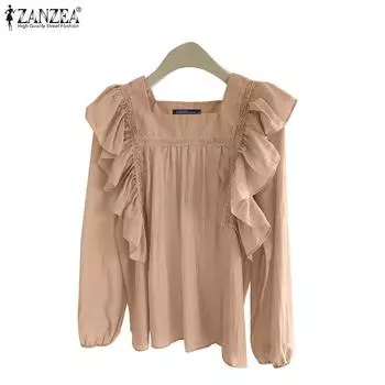 ZANZEA Women Casual Square Collar Long Sleeve Loose Ruffles Splice Blouse M розовый