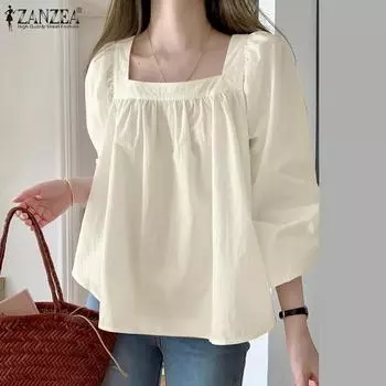 ZANZEA Women Casual Square Collar Loose Long Sleeve Blouse 4XL чёрный