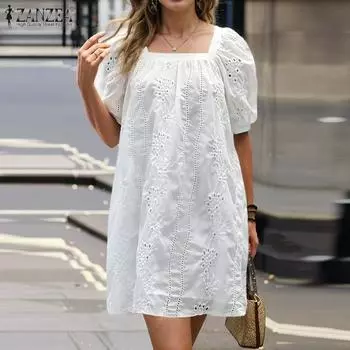 ZANZEA Женское повседневное платье с квадратным воротником и короткими рукавами, летнее кружевное платье крючком S белый
