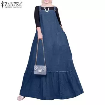 ZANZEA Women Casual Square Collar Sleeveless Straps Overall Dress S синий