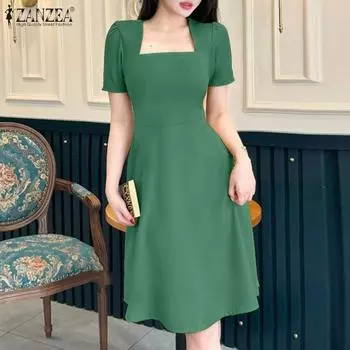 ZANZEA Женское повседневное платье с квадратным воротником, летнее, с коротким рукавом, облегающее M зелёный