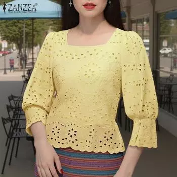ZANZEA Women Casual Square Neck 3/4 Sleeve Loose Patchwork Lace Crochet Blouse S белый